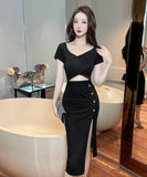 膝丈ドレス 新作 着痩せ 高見え セクシー YT2-MLS446