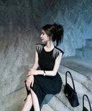 膝丈ドレス 新作 着痩せ 高見え ピカピカ YT2-ZED88308A71