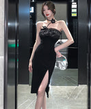 膝丈ドレス 新作 着痩せ  セクシー 背露出 YT2-LQE5379GT528