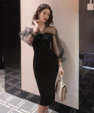 膝丈ドレス 新作 着痩せ 高見え  透け感 YT2-LQE333H303