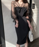 膝丈ドレス 新作 着痩せ 高見え  透け感 YT2-LQE333H303