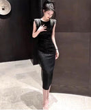 膝丈ドレス 新作 着痩せ 高見え ピカピカ YT2-ZED88308A71