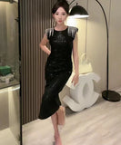 膝丈ドレス 新作 着痩せ 高見え ピカピカ YT2-ZED88308A71