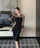 膝丈ドレス 新作 着痩せ 高見え  透け感 YT2-LQE333H303