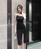 膝丈ドレス 新作 着痩せ  セクシー 背露出 YT2-LQE5379GT528