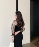 膝丈ドレス 新作 着痩せ 高見え  透け感 YT2-LQE333H303