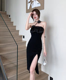 膝丈ドレス 新作 着痩せ  セクシー 背露出 YT2-LQE5379GT528