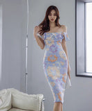 キャバドレス 膝丈ドレス かわいい セレブ風 おしゃれ 花柄 ワンショルダーYH2-ZED886704BH506