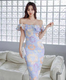 キャバドレス 膝丈ドレス かわいい セレブ風 おしゃれ 花柄 ワンショルダーYH2-ZED886704BH506