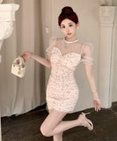 ミニドレス キャバドレス かわいい 花柄 チュール ロマンチック おしゃれ 背露出 YH2-ZED886259DXH348A