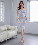 キャバドレス 膝丈ドレス かわいい セレブ風 おしゃれ 花柄 ワンショルダーYH2-ZED886704BH506