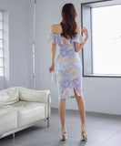 キャバドレス 膝丈ドレス かわいい セレブ風 おしゃれ 花柄 ワンショルダーYH2-ZED886704BH506