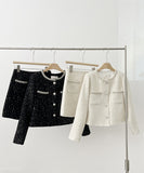 【上下セット】Black&white ツイードスーツ セレブ風 ミニドレス 高級感 真珠 キラキラ 大人可愛い 同伴 エレガントXH2-MYK0556