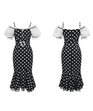 手作り 膝丈ドレス 水玉柄 オフショルダー フリル エレガント 気質 宴会 XH2‐JY50225