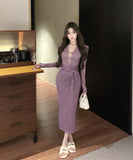 【3色】膝丈ドレス レースドレス 谷間見せ セクシー エレガント 女子力 袖付き 気質 XH2-XKD-D529-6616-Nov28