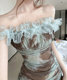 【3色】ミニドレス キャバドレス ベアトップ セクシー フリル 非対称 XH2-DD6593