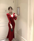 ロングドレス マーメイドドレス セクシー エレガント 袖付き 気質 着痩せ chic 女子力 XH2-ZED886339DXH348A