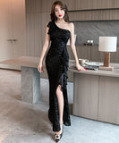 【3色】ロングドレス キャバドレス ワンーショルダー キラキラ フリル 宴会 ナイトクラブ パーティーXH2-DD5227