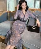 手作り 膝丈ドレス レース 高級感 Vネック エレガント 気質 セレブ風 宴会 XH-JY20910