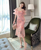 【手作り】ロングドレス ロマンティック風 花柄 パフスリーブ 小顔効果 フリル 大人可愛い XH2-JY10589