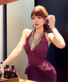 【2色】ロングドレス Vネック 谷間見せ マーメイド 女子力 キラキラ レース 肌見せ セクシー XH2-MXX5983