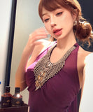 【2色】ロングドレス Vネック 谷間見せ マーメイド 女子力 キラキラ レース 肌見せ セクシー XH2-MXX5983