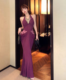 【2色】ロングドレス Vネック 谷間見せ マーメイド 女子力 キラキラ レース 肌見せ セクシー XH2-MXX5983