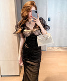 キャバドレス セクシー 手作り レース 高品質 パフスリーブ 二次会 XH2-JY20348