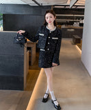 【上下セット】Black&white ツイードスーツ セレブ風 ミニドレス 高級感 真珠 キラキラ 大人可愛い 同伴 エレガントXH2-MYK0556