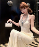 【2色】ロングドレス Vネック 谷間見せ マーメイド 女子力 キラキラ レース 肌見せ セクシー XH2-MXX5983