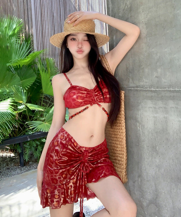 3点セット ビキニ 温泉 韓国っぽ 水着 着痩せ セクシー おしゃれ ヒョウ柄 XH7-DP-A10028