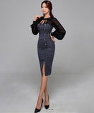 膝丈ドレス 秋新作 リボン スクエアネック エレガント セクシー 袖付き XH2-ZED889397C415