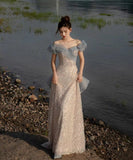 手作り バースデーロングドレス 宴会 パーティー 演奏会 オフショルダーフ キラキラ XH2-MBYD6.23