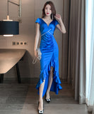 【2色】ロングドレス キャバドレス ナイトクラブ スリート 宴会 フリル セクシー 気質 XH2-JX3873