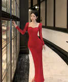 【Black&red】ロングドレス レース エレガント セレブ風 マーメイド 気質 宴会 パーティー 高級感 女子力 XH2-ZED885573DXH238B