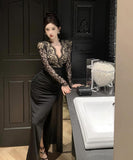 ロングドレス レース マーメイド エレガント 気質 宴会 袖付き Vネック XH2-ZED888300DXH238A