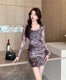 ミニドレス 花柄 セクシー スクエアネック エレガント 袖付き XH2-DD5208