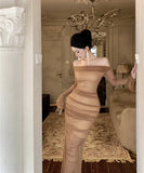 ロングドレス チュール エレガント セレブ風 オフショルダー 気質 宴会 パーティー 高級感 キラキラ XH2-ZED88655DXH346A