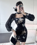 ミニドレス エレガント 気質 セクシー 着瘦せ 袖付き 花柄 XH2-LQE3101H349T