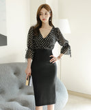 膝丈ドレス 秋新作 Vネック セクシー 水玉柄 気質 エレガント 同伴 XH2-ZED885082A71