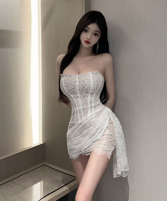 【2色】ミニドレスベアトップキャバドレスレース非対称セクシー肌見せ指名谷間見せパーティーXH2-DD4245