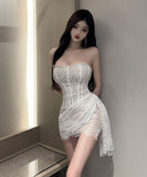 【2色】ミニドレスベアトップキャバドレスレース非対称セクシー肌見せ指名谷間見せパーティーXH2-DD4245