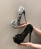 【2色】フィッシュマウス ハイヒール 14cm キラキラ サンダル 流行り OL 百掛け 透かし彫り ヒール 靴 フィッシュマウス XH5-DLHS-A9126-15