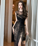 blue&black【手作り】膝丈ドレス 高品質 おしゃれ レース　チュール エレガント XH2-JY10553