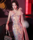 ロングドレス 宴会 キラキラ ナイトドレス ワンショルダー 人魚姫 誕生日 演奏会 XH2-MBYD-ltao722141041931