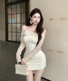 ミニドレス キャバクラ オフショルダー セクシー ふわふわ レース エレガント 着痩せ 同伴 XH2-ZED882478DXH437