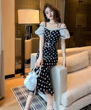 手作り 膝丈ドレス 水玉柄 オフショルダー フリル エレガント 気質 宴会 XH2‐JY50225