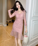 【手作り】ミニドレス 高品質 レース フリーVネック 気質 ハート柄 宴会 XH2-JY9603