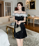 手作り ミニドレス オフショルダー カワセクシー キラキラ 宴会 セレブ風 高級感 XH2-JY50817