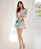 ミニドレス 花柄 春新作 パフスリーブ Aライン エレガント 着痩せ おしゃれ XH2-ZED886608BH506